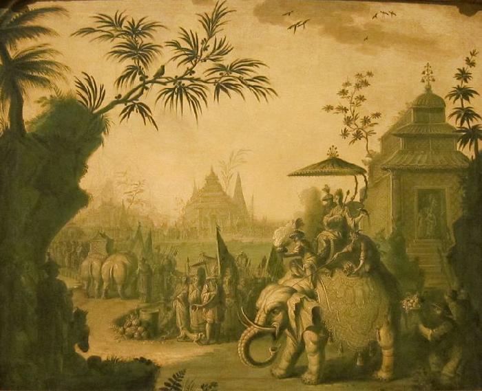 Jean-Baptiste Pillement A Chinoiserie Procession of Figures Riding on Elephants with Temples Beyond Germany oil painting art